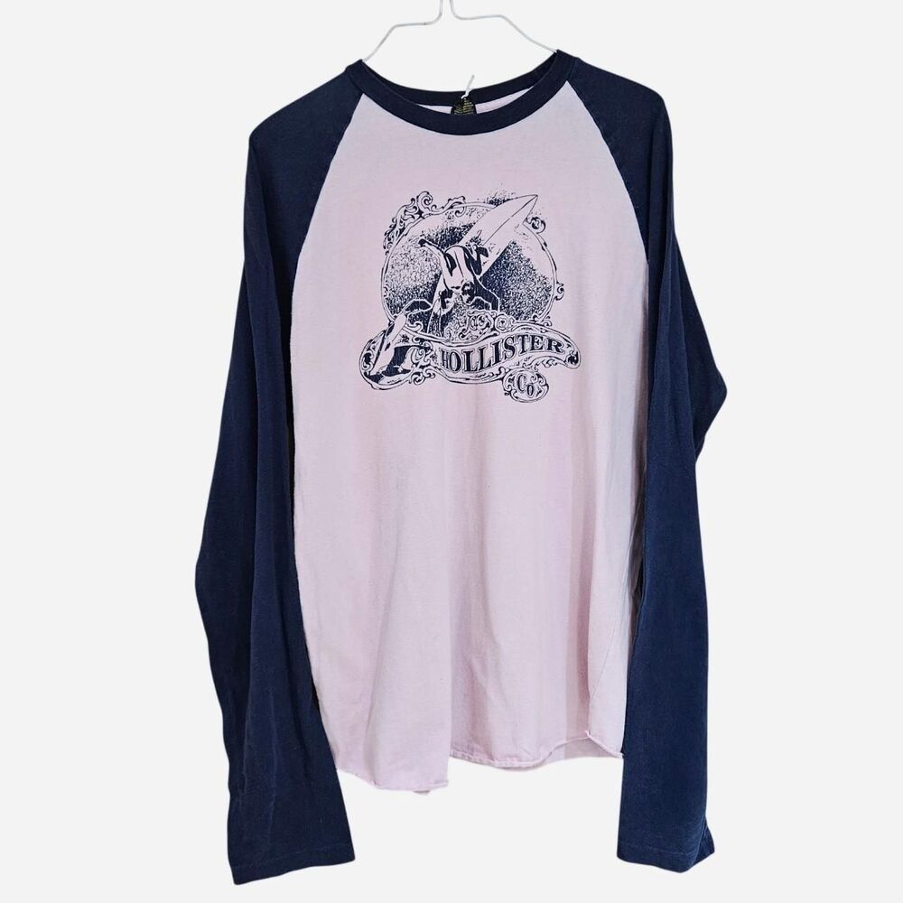 y2k surfer coastal hollister pink navy raglan graphic tee